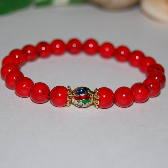 Red Howlite Bracelet,Coloful Golden Charm,8mm Stone Beads - Picture 2 of 2